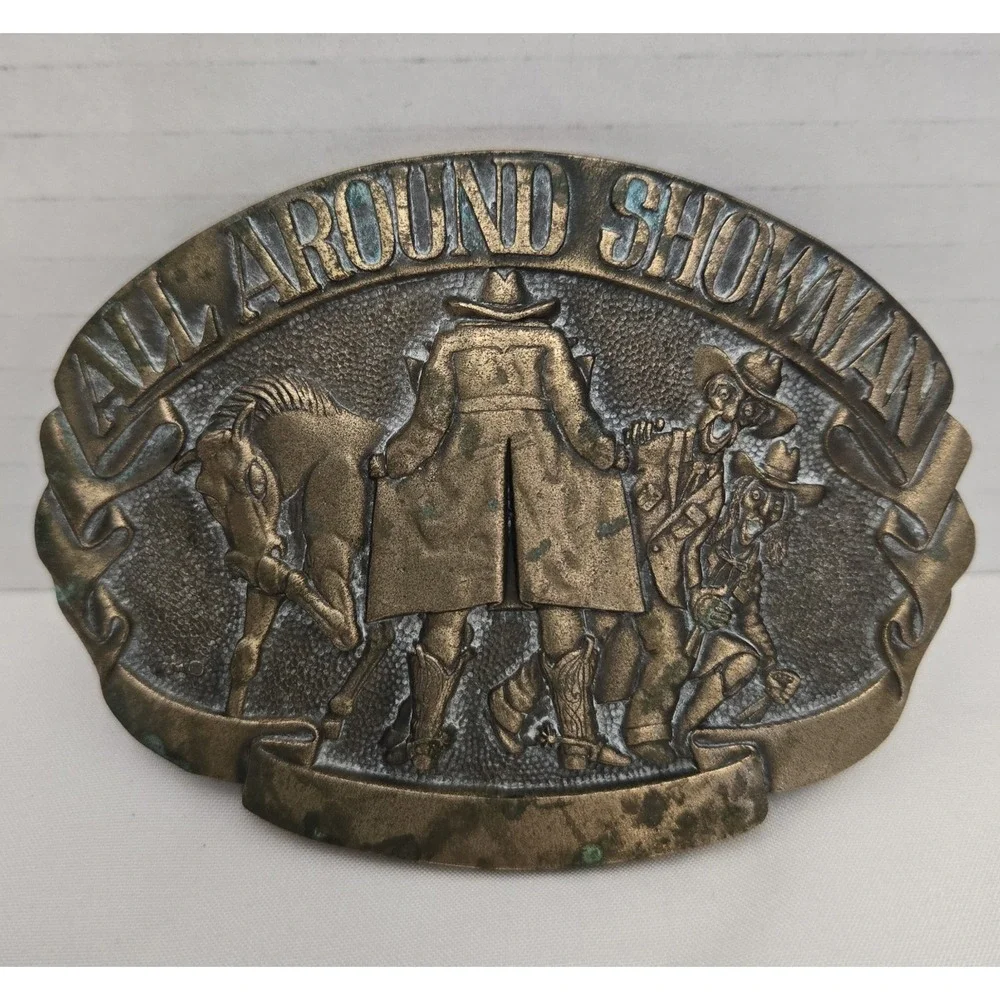 Vtg 1980s ADM All Around Showman Flasher Cowboy Novelty Belt Buckle -Solid Brass